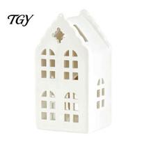 Modern Minimalist Ceramic Art House Shape Candle Holder, White Hollow Tea Light Holder Unique Decor Ornament, Artistic Miniature Figurine for C white