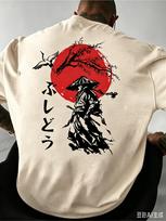 Summer Mens Loose T-shirt with Retro Japanese Samurai Calligraphy Print Street Style Casual Wear Breathable Cotton Short-sleeved S white