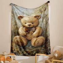 1pc Vintage Bow Teddy Bear Texture Print Throw Blanket soft sofa lounge reading corner Blanket garden terrace Anniversary gifts 100x130cm gray