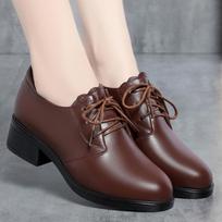 Soft leather soft sole women's shoes large size medium shoes black deep mouth single shoes women's spring and autumn thick heel lace-up leather shoes 42 white