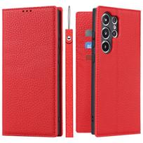 Case for Samsung Galaxy S23 Ultra Genuine Leather Wallet Case Kickstand Credit Card Holder Magnetic Closure Shockproof Case for Samsung S23 Plus raudona