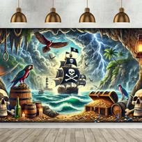 Pirate Treasure Cave Adventure Background Banner - Wall Decor, Featuring Skulls, Parrots, Ships and Gold Coins 59×39inch/150*100cm gray