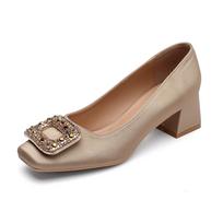 2025 Women's Retro Chunky Heel Mary Jane Shoes with Diamond Buckle, Square Toe, Medium Heel - Perfect for Spring & Autumn Size 37 chaki