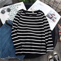WoMen'S Loose Round Collar Spring & Autumn Stripes Print Loose Long Sleeve Classic Simple Wild T-Shirt XXL black