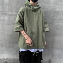 Korean Retro Hong Kong Style Men's Hooded Short-Sleeve T-Shirt - Trendy Summer Fashion 3XL kariškai žalia