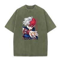 Hot My Hero Academia Anime Shoto Todoroki Graphic T Shirt Washed T-shirt Men Women Clothes Oversized Polyester Short Sleeve Tee S black
