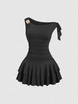 Sexy Sleeveless Floral Lace-up Pleated Mini Dress XS juoda