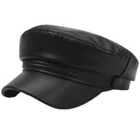 Flat Top Beret Hat PU Leather Sailor Visor Hat Retro Painter Hat style 4 black