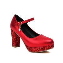 French New Mary High Heels Jane Rough Shoes New Cross Retro Straps Single Shoe Buckle Straps 43 raudona