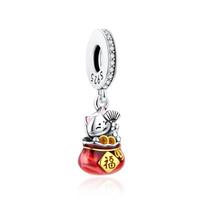 925 Silver Charms Maneki Neko Lucky Fortune Cat Beads Pave CZ Fit Bracelets Necklaces Women Jewelry white