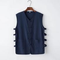 Vintage Men's Cotton Linen Kung Fu Vest Sleeveless Open Cardigan Summer Tank Top Traditional Tang Suit Chinese Clothing 3XL tamsiai mėlyna