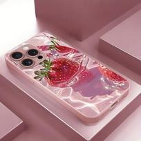 Delicious Strawberry Pattern Pink Metallic Paint Glass Phone Case For iPhone 17 Pro Max 16 Plus 15 14 13 12 11 16E 17Air Cover iPhone 15 gray