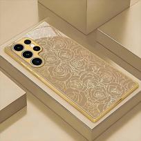 Golden flower patterned glass phone case suitable for Samsung Galaxy S26 S25 S24 S23 S22 S20 FE/Ultra/Plus hard case Galaxy S23 plus beige