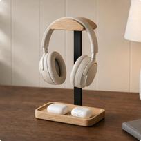 Desktop Headphone Stand Aluminum Alloy Wood Curved Top Headset Holder gray