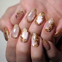 24-Piece Nail Extension, Press On Nails with 3D Gold Foil Flowers, Short Oval Cat Eye False Nails, Easy to Apply, Reusable Artificial Nails for Wom brown