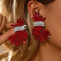 Elegant Rhinestone-Embellished Wheat Ear Cuff Earrings Women Alloy Stainless Steel Studs Gold Red Options MS493-3 Red brown