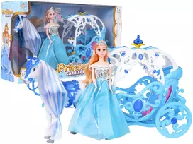 Žaidimų rinkinys su mėlynu vežimu, baltu arkliu ir princesės lėle