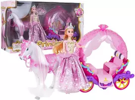 Rožių vežimas su baltu arkliu ir princesės lėle