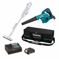 MAKITA PŪSTUVAS 12V UB100D + DULKIŲ SIURBLYS CL108FD 1×2,0Ah + KREPŠYS