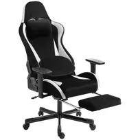 Žaidimų krėslas su masažuojama ir šildoma juosmens pagalvėle, ergonomiškas, liną primenantis apmušalas, 3D porankiai ir galvos atrama, juodas