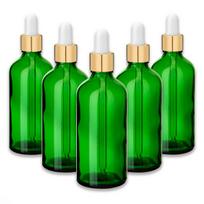 Žalia 100 ml stiklinė buteliukų rinkinys su auksinėmis aliuminio pipetėmis (5 vnt.)