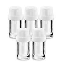5 ml skaidrus stiklinis buteliukas su lašintuvu ir baltu dangteliu, 5 vnt. rinkinys