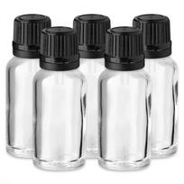 Stiklinis 20 ml buteliukas su lašintuvu ir juodu dangteliu, 5 vnt. rinkinys