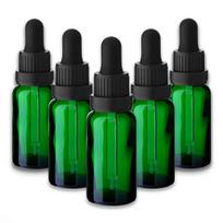 Žalia 20 ml stiklinė butelė su pipete ir juodu dangteliu, 5 vnt. rinkinys