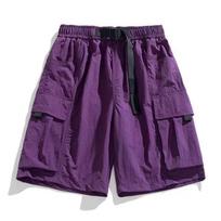 Juodos krovinių šortai Kišenės dizainas Reguliuojamas violetinis diržas Lengvas audinys Laisvalaikio laisvi Elastingas juosmuo M violetinė