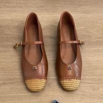 Sheepskin version~ Retro camellia small fragrant Mary Jane shoes for women with round head straw woven skirt single shoes 40 brown