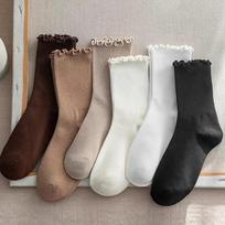6 Pairs/Lot Ruffled Mid Length Socks Women'S Breathable Solid Color Set Spring And Autumn Comfort Sweat-Absorbing Girls' Socks Single code white