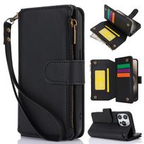 Lanyard Wristband Leather Wallet Case Kickstand Purse Flip Case For For Iphone 16 Pro Max 15 Plus 14 Pro 13 12 11 XS XR Phone Cover For iPhone 13 black