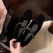 Fashion Luxury Rhinestone Buckle Velvet Mary Janes Woman Elegant Square Toe Velour Ballet Flat Ladies Brand Design Crystal Evening Shoes 40 black