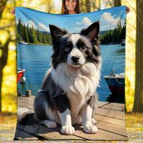 Cute Border Collie Puppy Lake Dock Blanket, Fluffy Dog Flannel Throw Blanket for Pet Lover Home Decor 80cm x 120cm gray