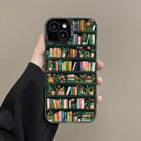 Vintage Book Flower Pot Decoration BookShelf Laser Phone Case for iPhone 11 12 13 Mini Pro Max 16 15 14 Pro Max Plus Cover Funda iphone 15Plus black