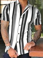 Essential Striped Short-sleeve Shirt, Casual Button-up Top for Men 5XL raudona