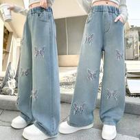 Girls Versatile Butterfly Ripped Jeans Wide-Leg Pants Medium To Large Sizes Fashionable Slimming Kids' Clothing 160 mėlyna