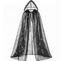 Lengvas Halloweeno su gobtuvu juodas ilgas apsiaustas su voratinklio rašto tinkliniu megztuku Maskaradų vakarėliui Style B black