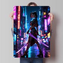 Cyberpunk Warrior Tinplate Sign Neon Poster Things for Room Design Customizable Metal Signs for Home Room Wall Art Coffee Bar 20x30cm（7.8x11.8inch） blue