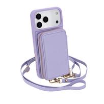 Crossbody Zipper Card Slot Wallet Flip Leather Phone Case For iPhone 17 Pro Max 16 Plus 15 14 13 12 11 RFID Pocket Strap Cover iPhone 15 Pro Max šviesiai violetinė spalva