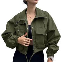 Women Cropped Windbreaker Jacket Stand Collar Zip Up Drawstring Hem Elastic Cuff Multi Pockets Loose Casual Short Outerwear XS tamsiai žalia spalva