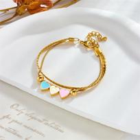 18K Gold Plated Double Layer Herringbone Bracelet with Enamel Heart Charms, Dainty Colorful Heart Bracelet, Adjustable Cute Jewelry for Women Gift auksas