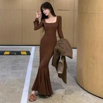 Sexy Bodycon vakarinio vakarėlio klubo undinėlės suknelė moteriška Elegantiška plona kilimo ir tūpimo tako korsetas, chalatas pavasario rudeniui, nauja mada gatvės apranga S ruda