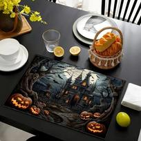 4pc s Halloween Placemats With Witch Pumpkin Table Mat Spooky Haunted House Table Decor Place Mat Home Kitchen Dining Party 4PCS gray