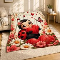 Ladybug Holding Heart Coral Fleece Blanket Cute Love Bug Decor 100cm*130cm black