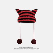 Cute little devil hairball wool hat women's autumn and winter warm versatile face small striped cat ears knitted hat one size fits all black