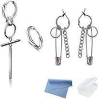 XHBTS 4 Pcs Safety Pin Chain Earrings for Men Women Stainless Steel Cross Dangle Hoop Punk Jewelry black