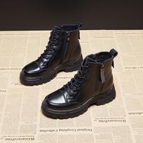 Leather Martin boots women's British style autumn and winter new short boots side zipper round head thick heel lace-up trendy boots 40 black
