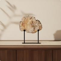 Stone Slice Ornament with Stand Organic Tabletop Sculpture Metal beige