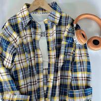 Summer Light Plaid Shirt New Style Lazy Loose Retro Casual Jacket Long-sleeved Shirt Jacket XL gray